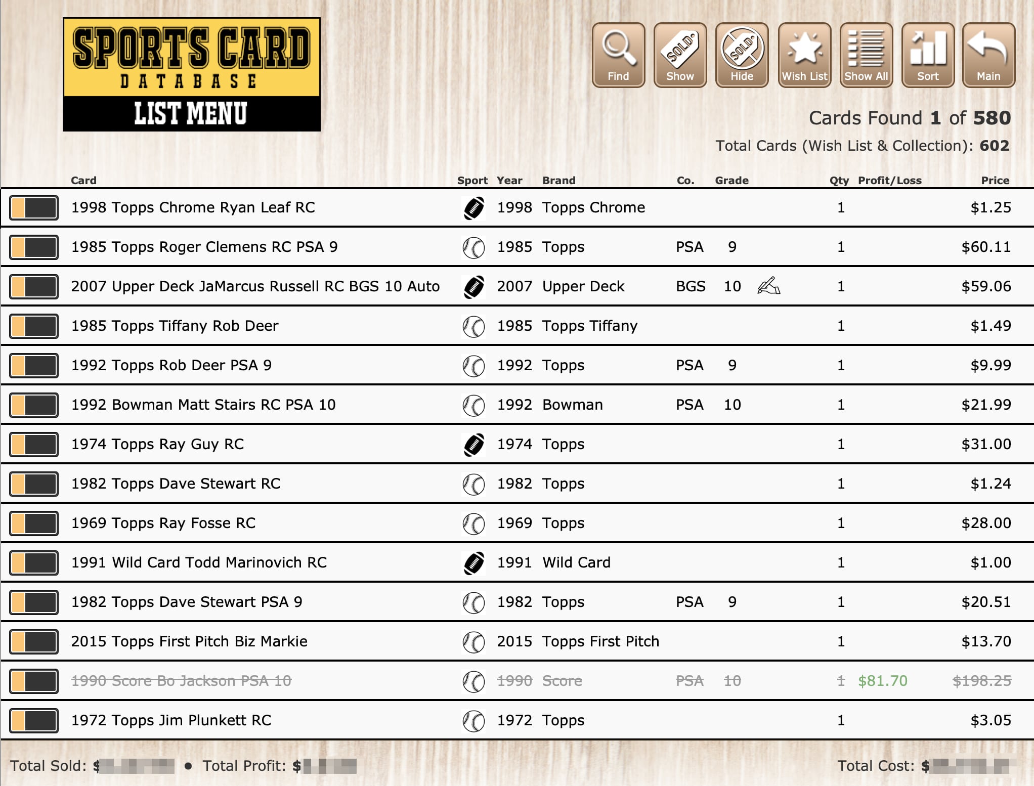 Sports Card Database MacOS Windows Software Organizer Application Database Solution for organizing Baseball Cards, Football Cards, Basketball Card, Hockey Cards, Soccer cards, F1 cards, PSA Graded Cards, SGC Graded Cards, Beckett Graded cards, and more