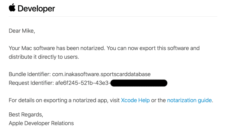 Apple Developer Notarized & Approved Email - Inaka Software