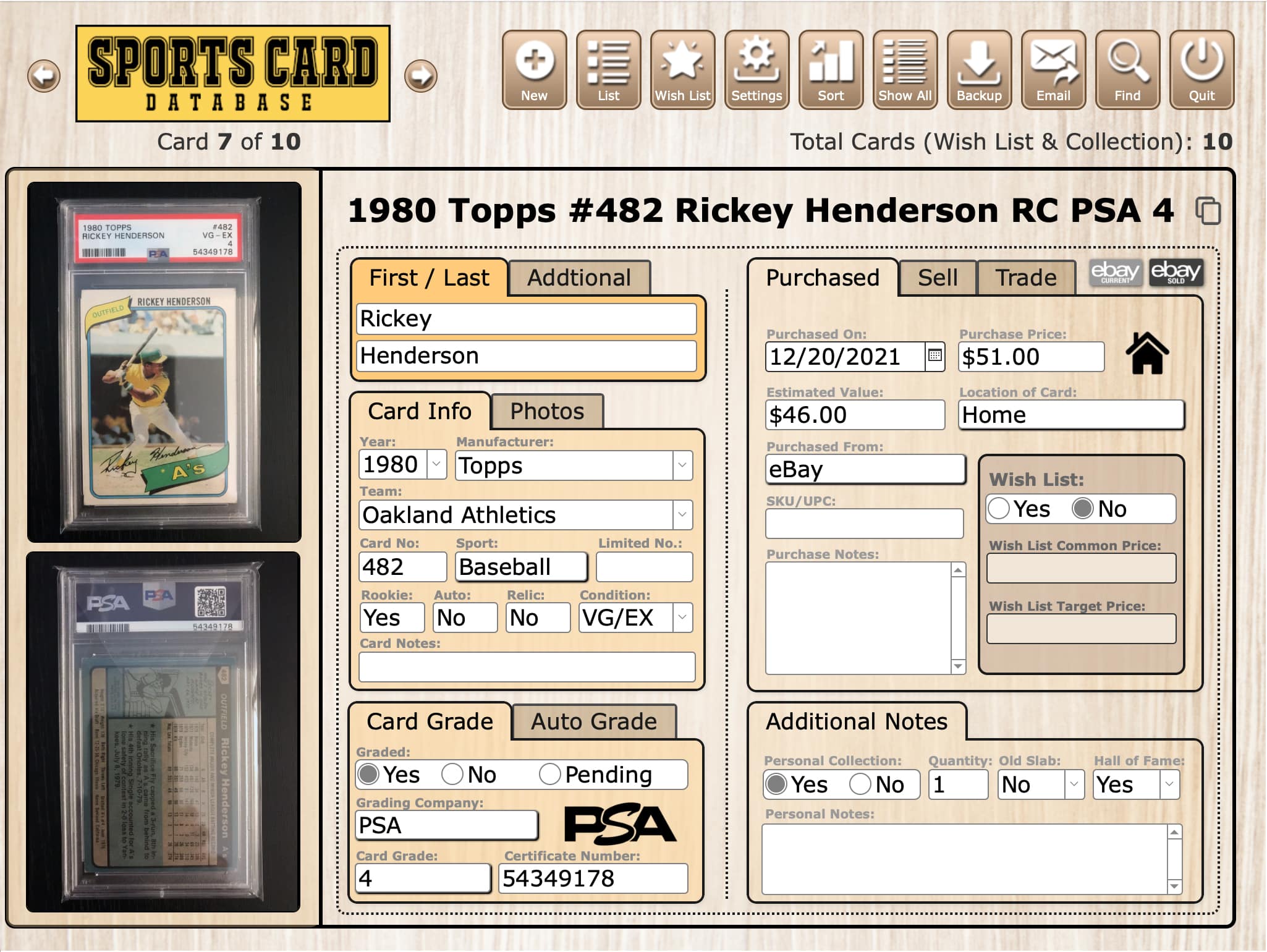 Sports Card Database MacOS Windows Software Organizer Application Database Solution for organizing Baseball Cards, Football Cards, Basketball Card, Hockey Cards, Soccer cards, F1 cards, PSA Graded Cards, SGC Graded Cards, Beckett Graded cards, and more